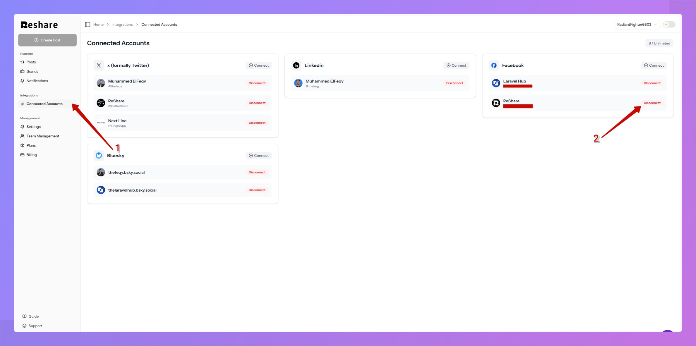 Screenshot showing the disconnect button for connected social accounts
