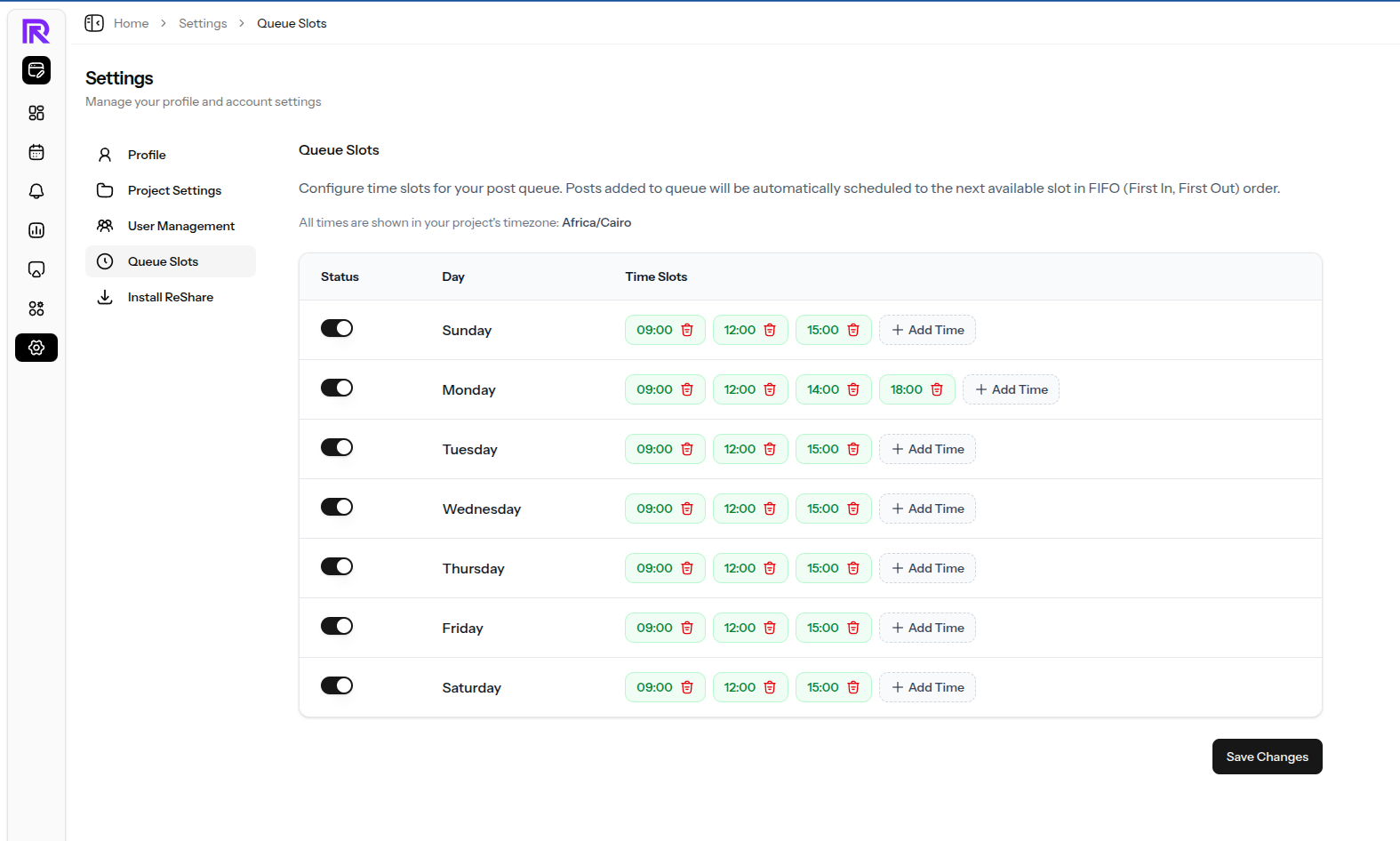 Queue Slots Settings - Configure time slots for automated post scheduling